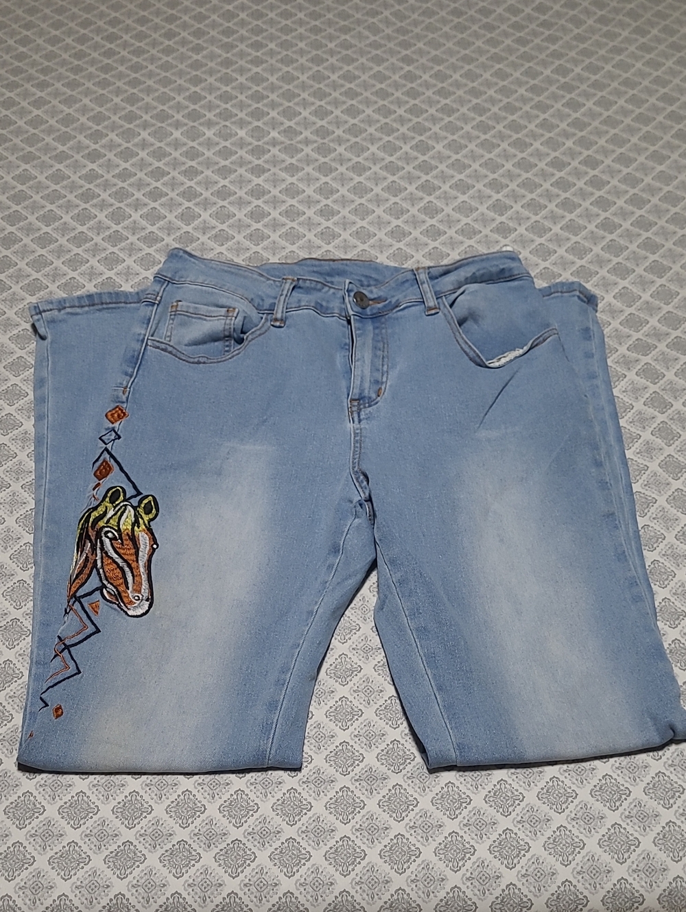 Women’s Light Blue Bootcut Jeans Colorful Side Embroidery Size M Boho Western